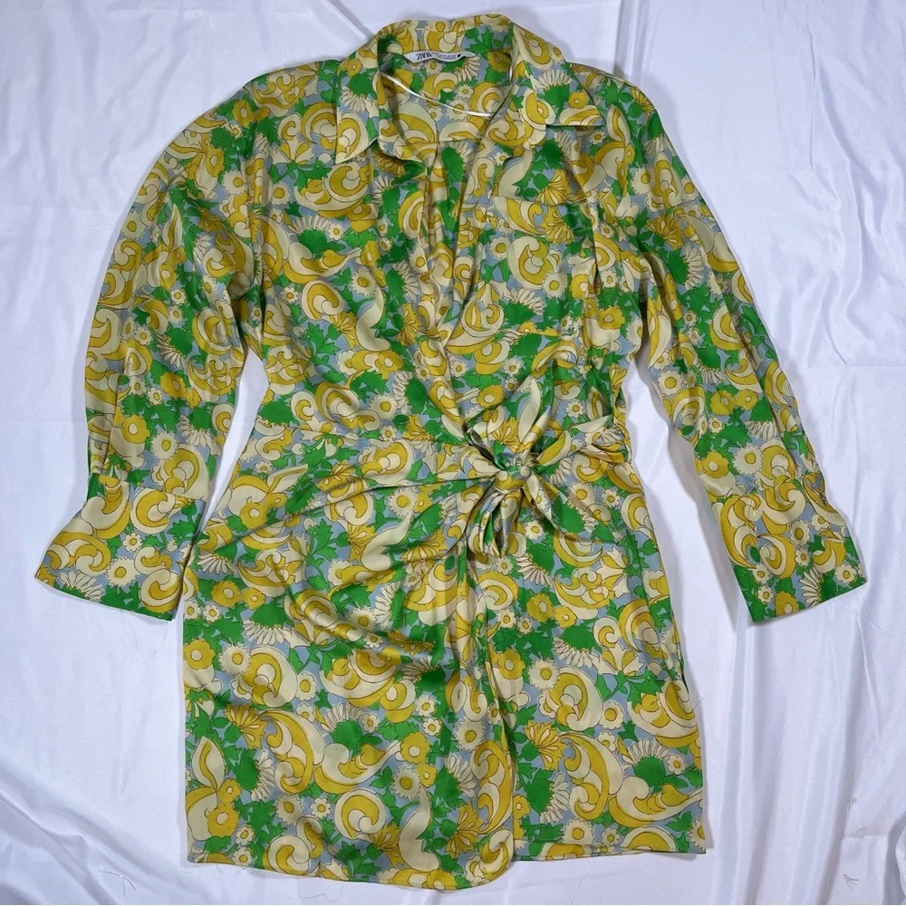 Zara Satin Wrap Yellow Green Floral Paisley‎ Influencer Baddie Mini Dress Size - Picture 2 of 8